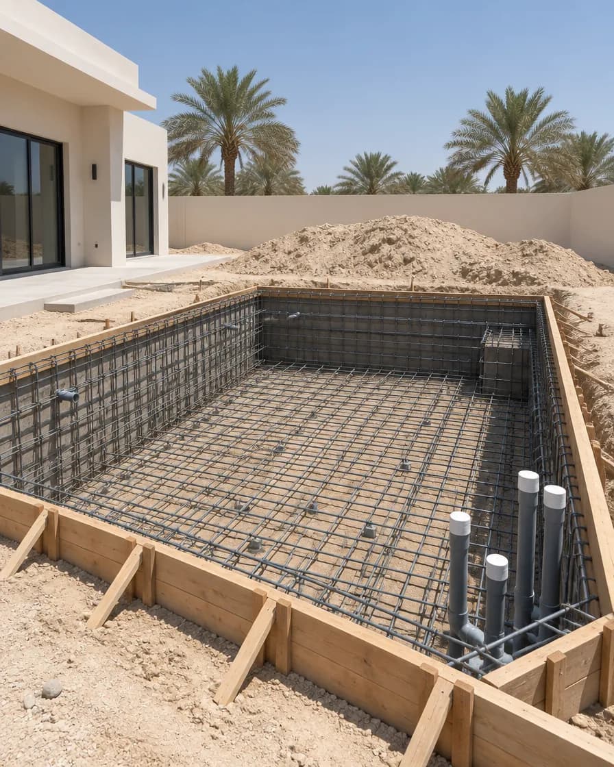 Illustration of a pool shell under construction with steel reinforcement and shuttering in place