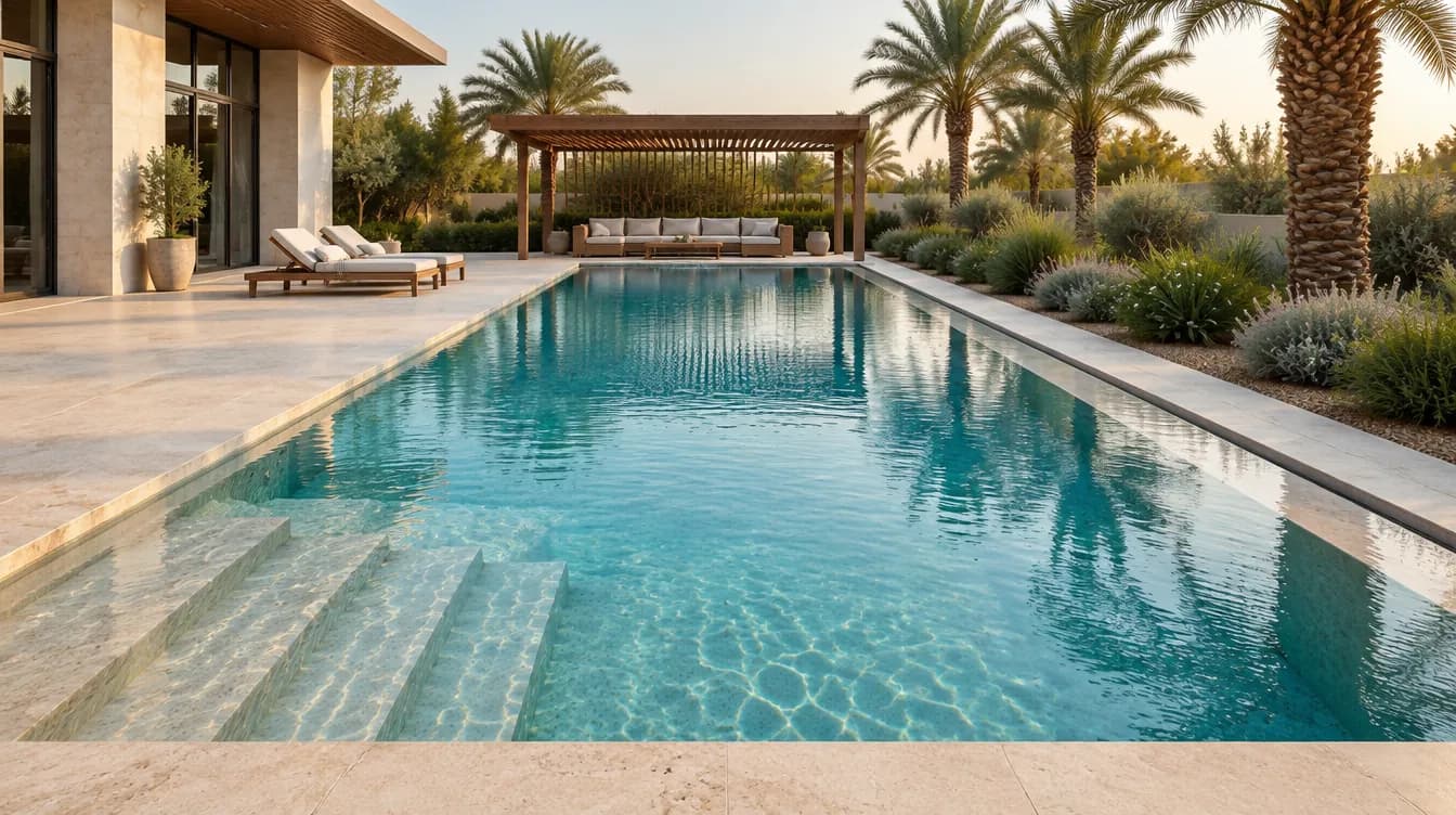 Illustration of a villa pool seen along its length, with stone coping, a recessed step entry and a pergola beside it