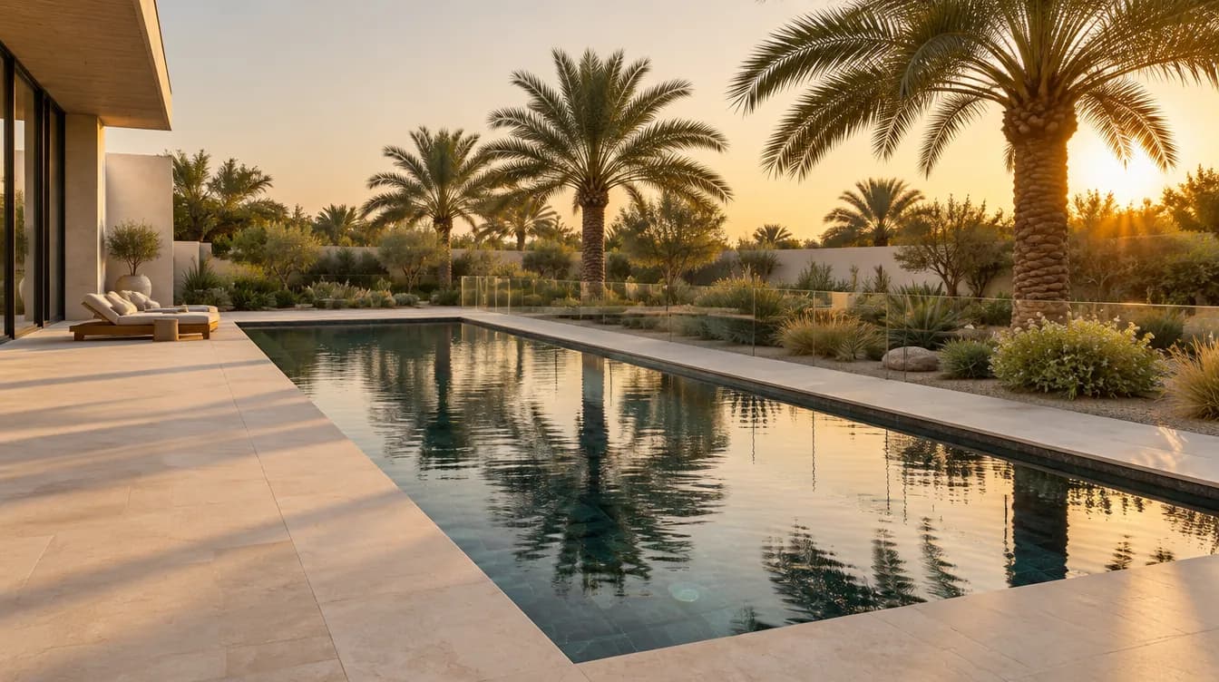 Illustration of a new villa swimming pool in Dubai with a stone deck and a glass safety barrier at golden hour