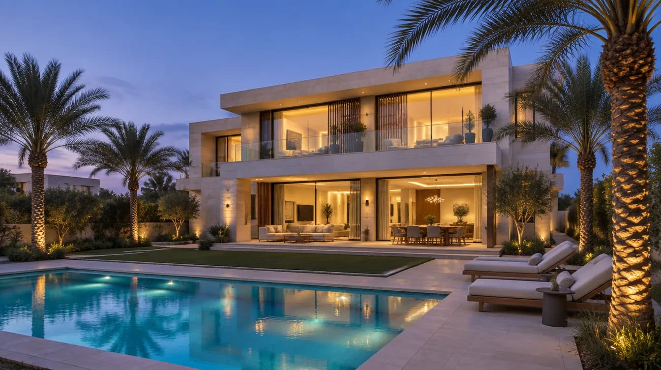 Illustration of a contemporary Dubai villa with a pool terrace at dusk