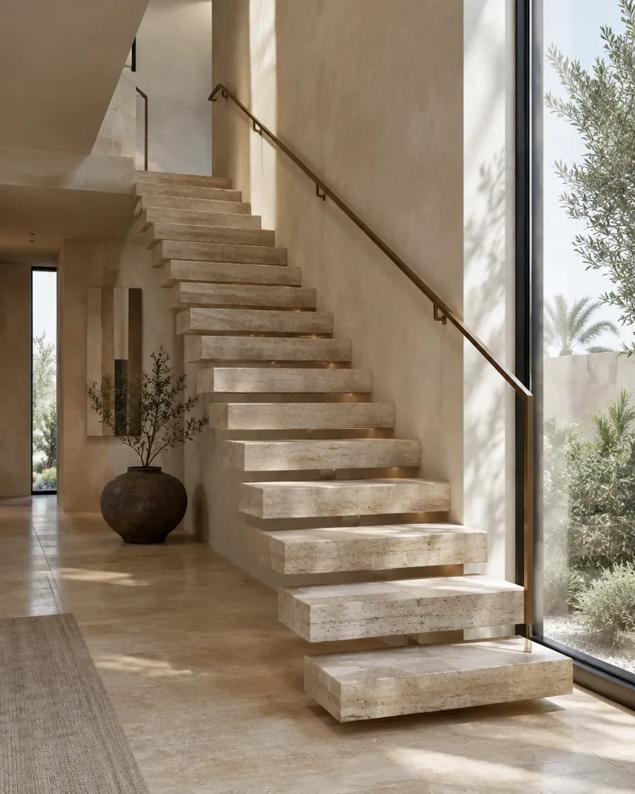 Illustration of a floating travertine staircase with a bronze handrail