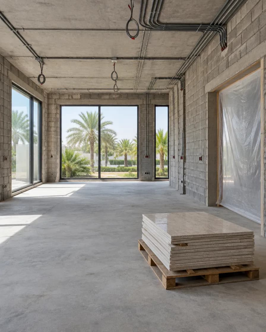Illustration of a villa interior stripped back to concrete during a renovation