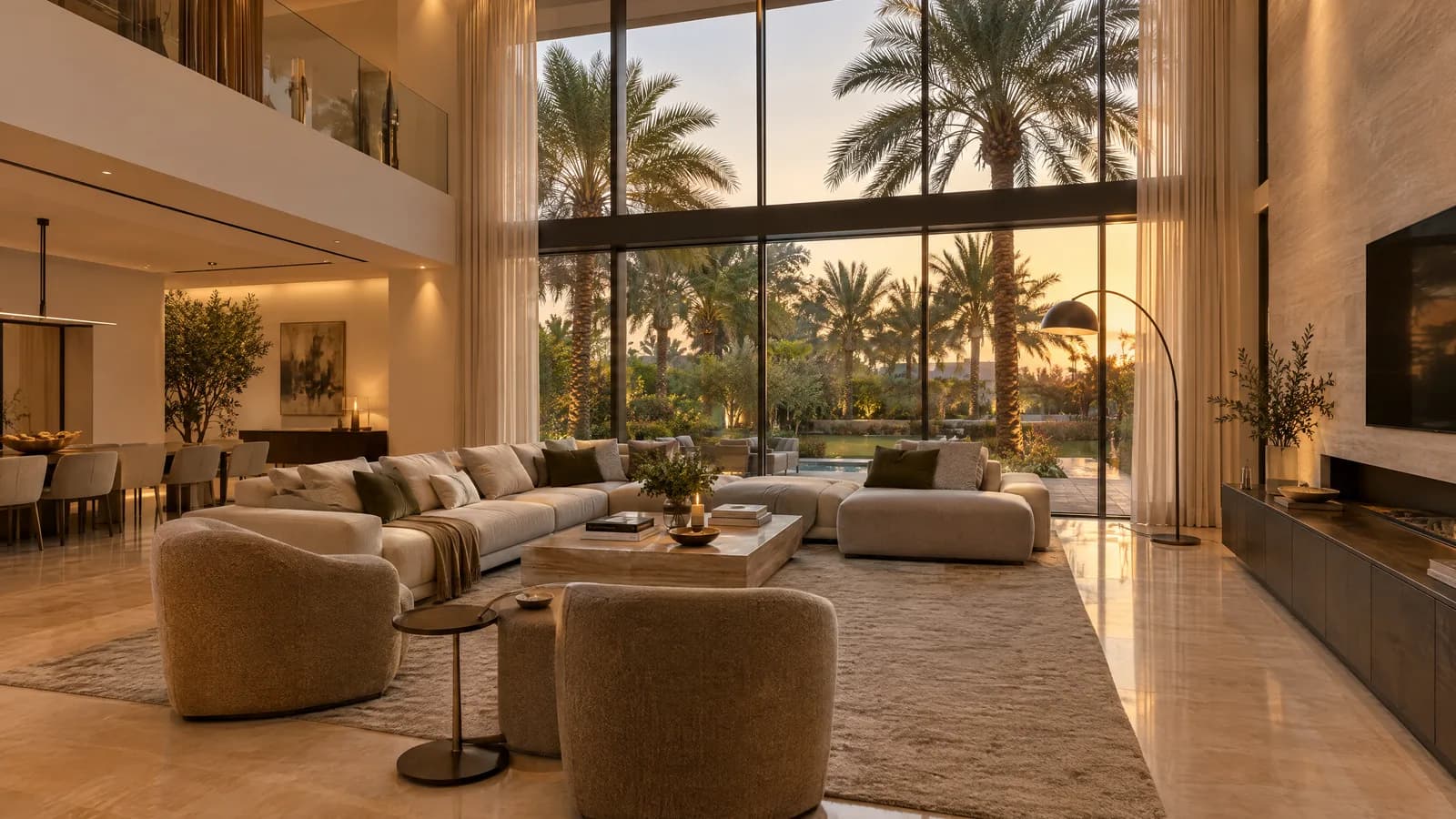 Illustration of a renovated Dubai villa living room opening onto a palm garden