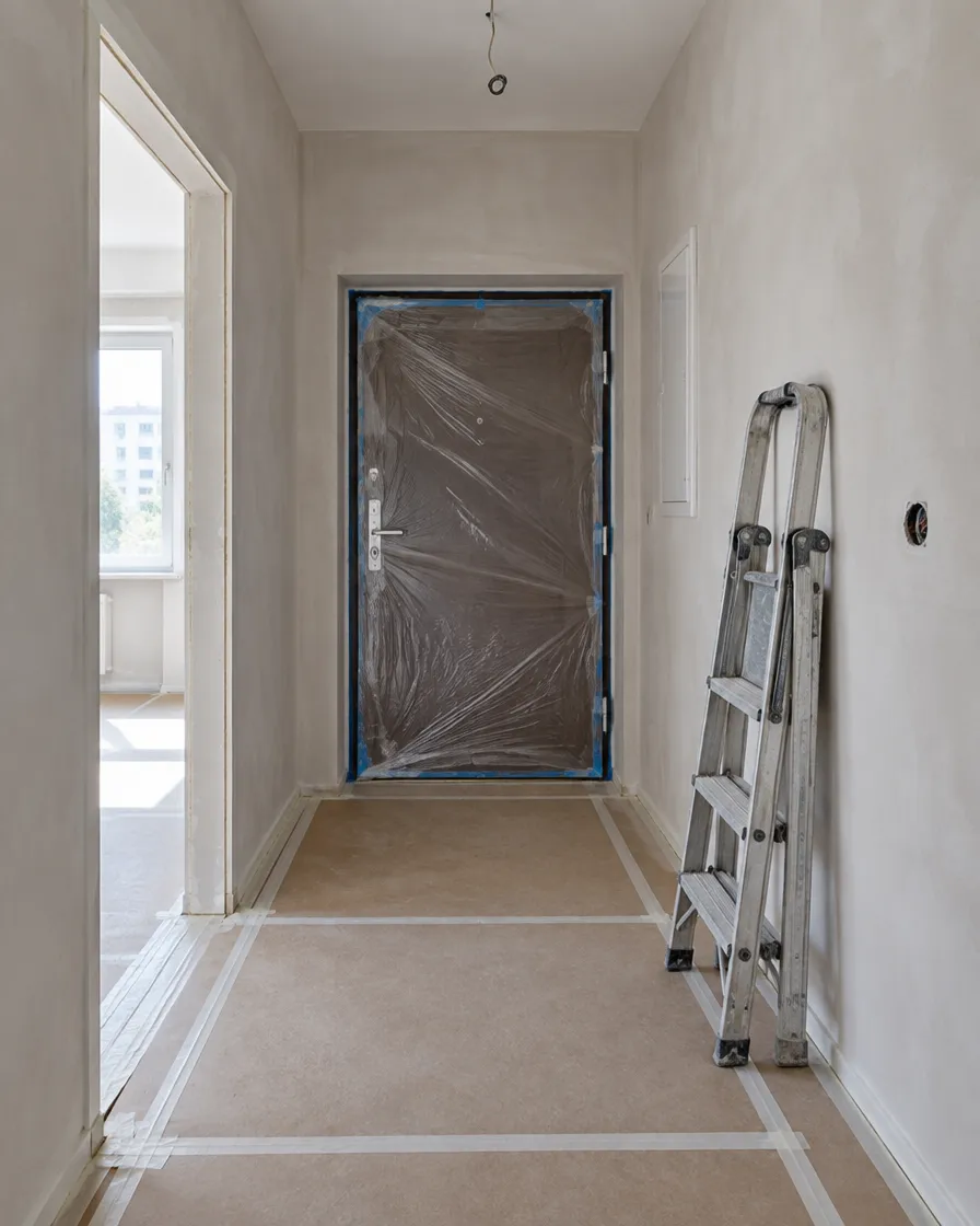 Illustration of an apartment hallway with the floor and front door protected during works