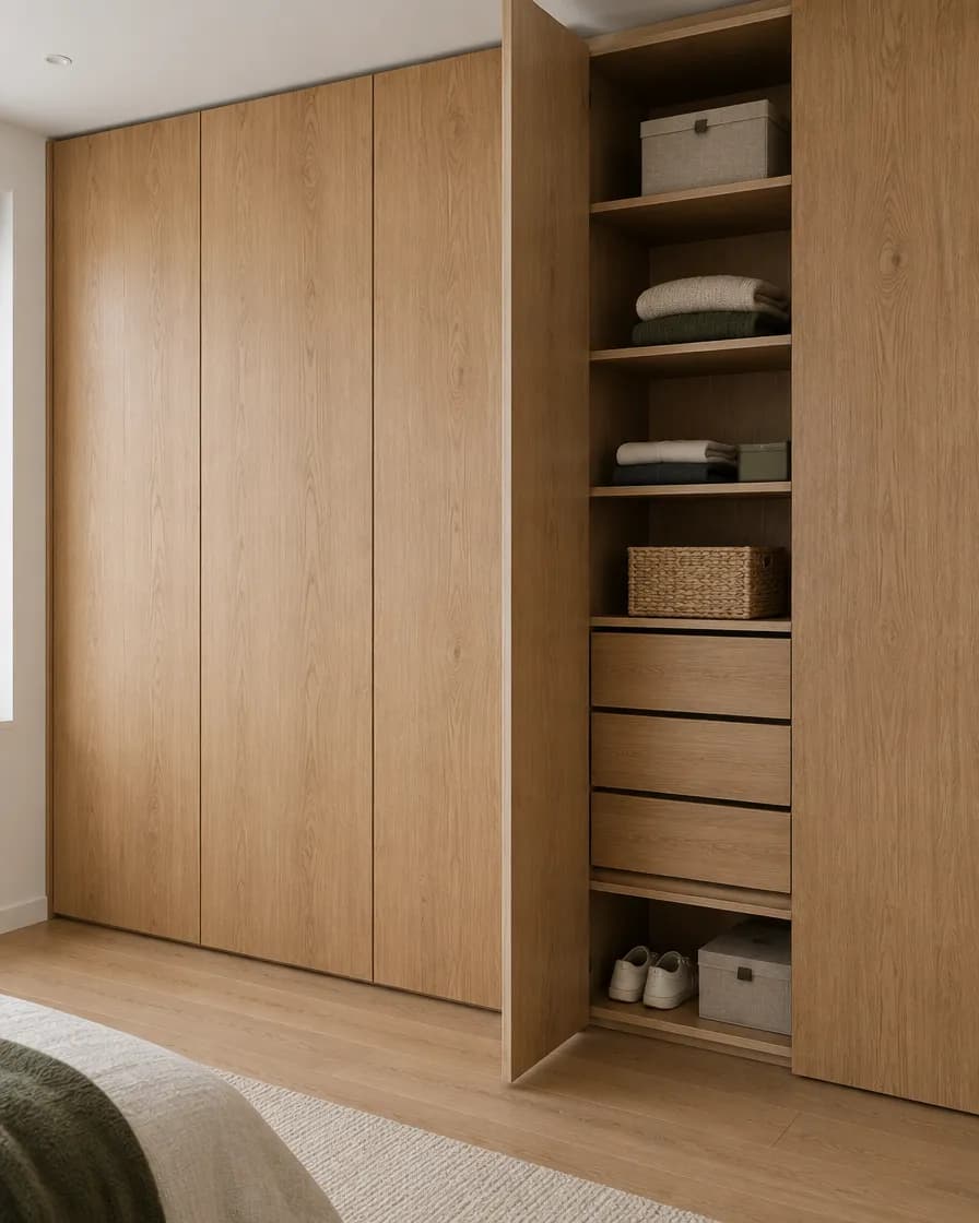 Illustration of built-in wardrobes with one door open onto shelving