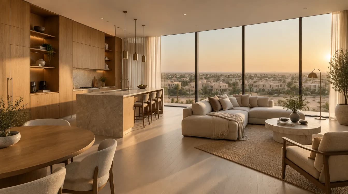 Illustration of an apartment living area with built-in oak storage at golden hour