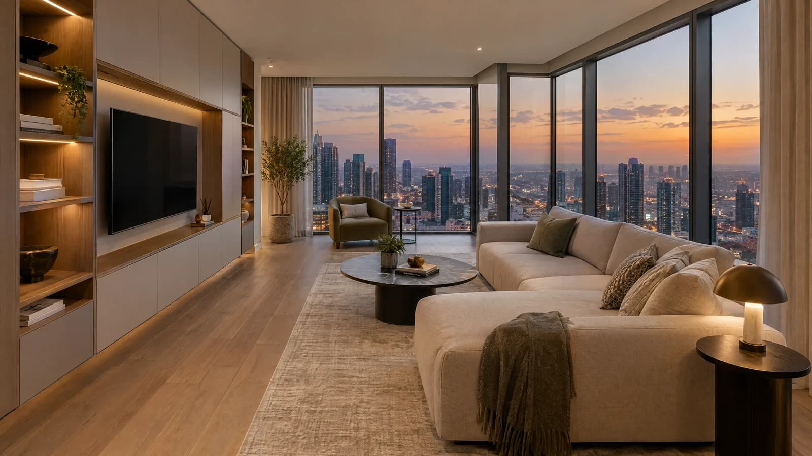 Illustration of a Dubai apartment living area with a city view