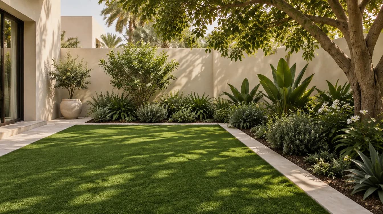 Illustration of a shaded courtyard laid with artificial grass beside a planted bed and a stone edge