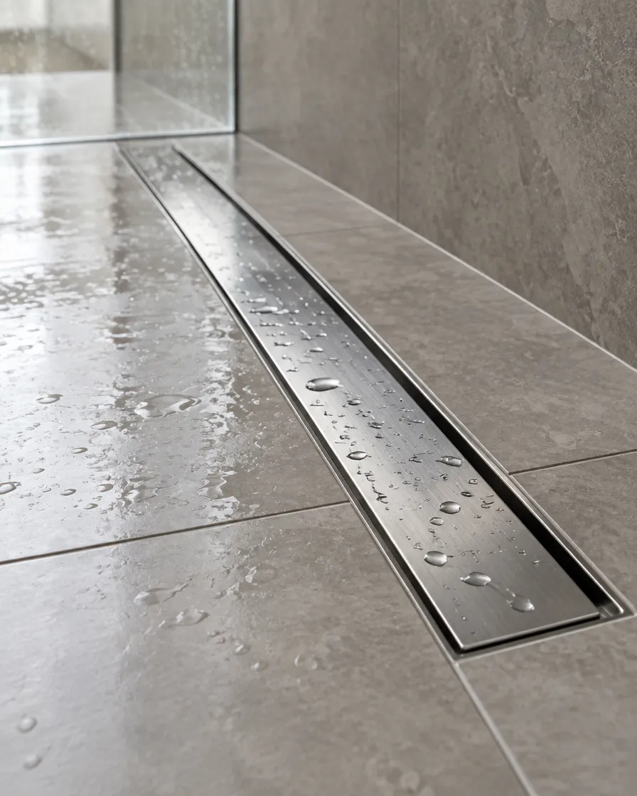 Illustration of a linear shower drain set into large-format floor tiles