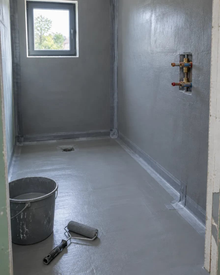 Illustration of a bathroom coated in waterproofing membrane before tiling