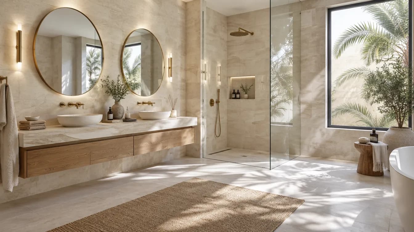 Illustration of a villa bathroom with a double vanity and a walk-in shower