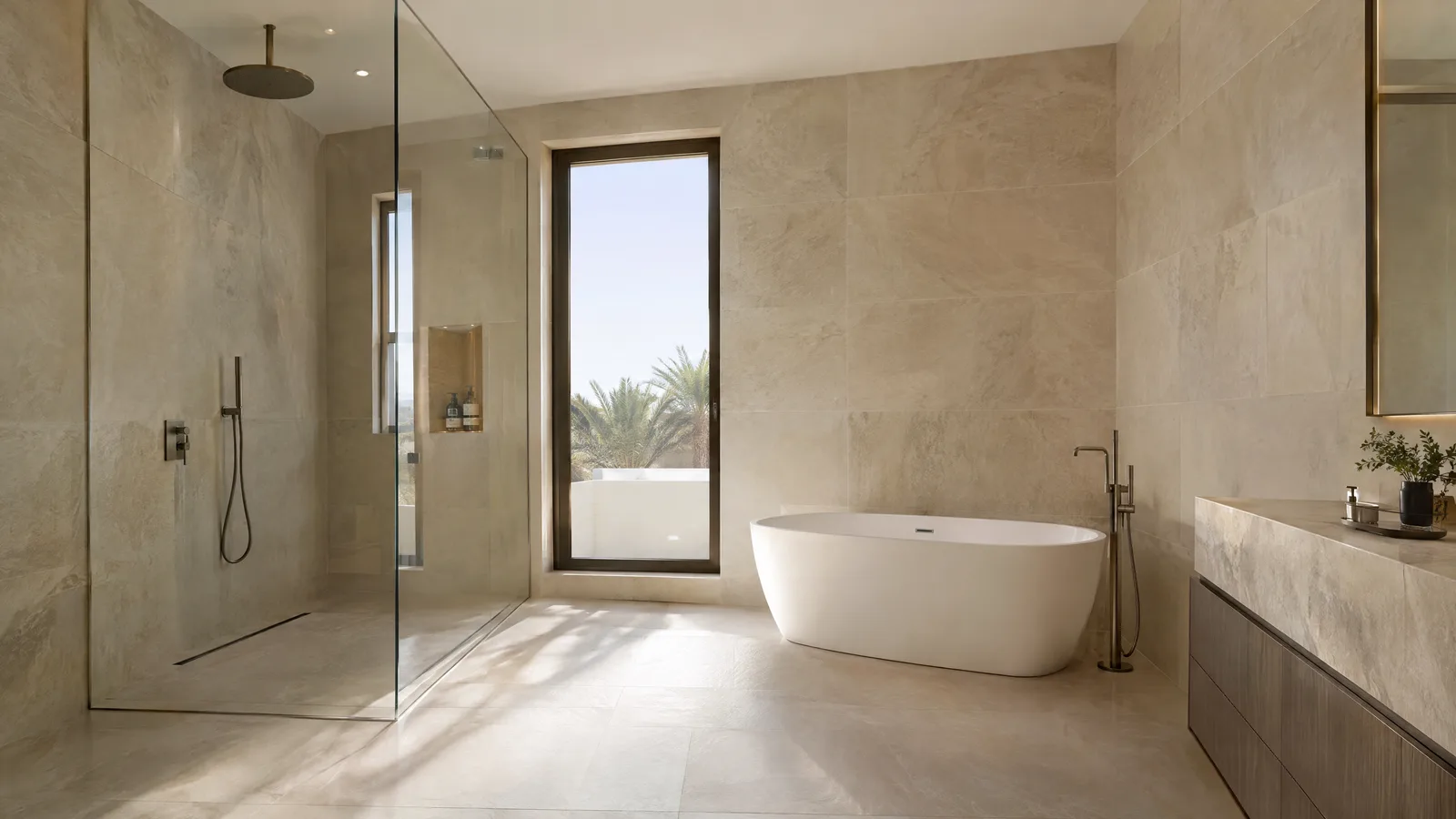 Illustration of a villa bathroom with stone tiles and a walk-in shower