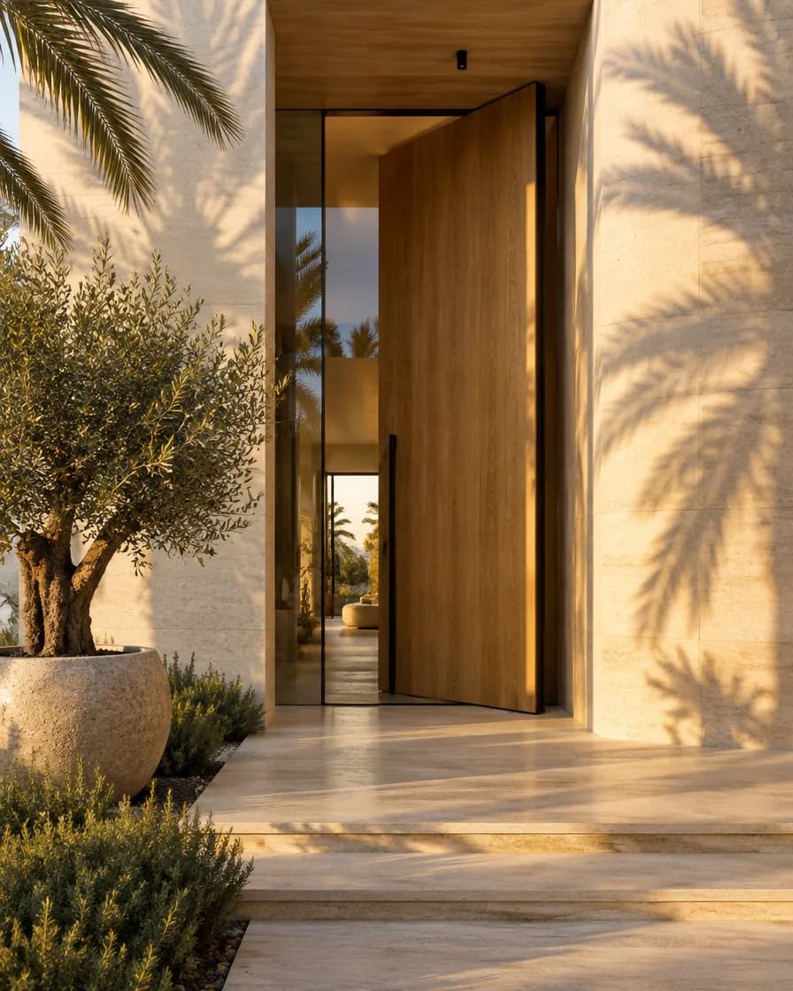 Illustration of a villa entrance with a tall oak pivot door at golden hour