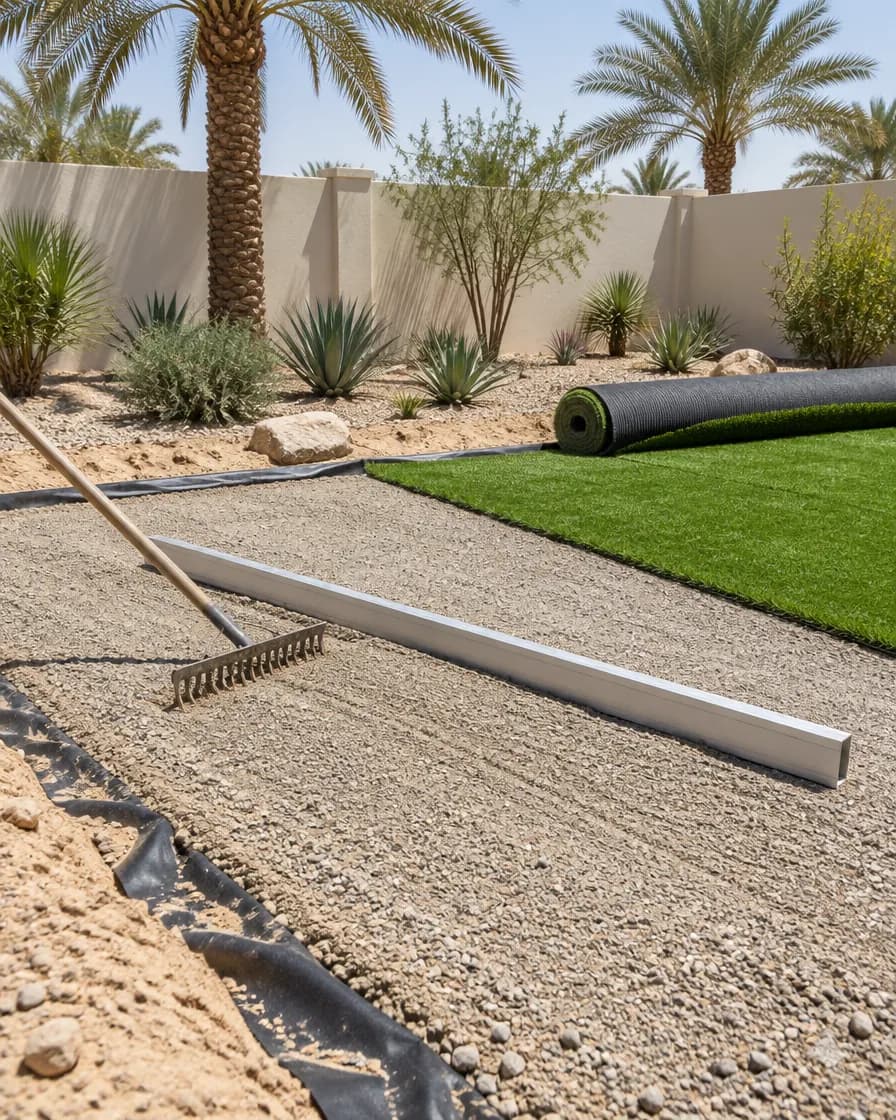 Illustration of a compacted aggregate base being levelled before artificial grass is laid