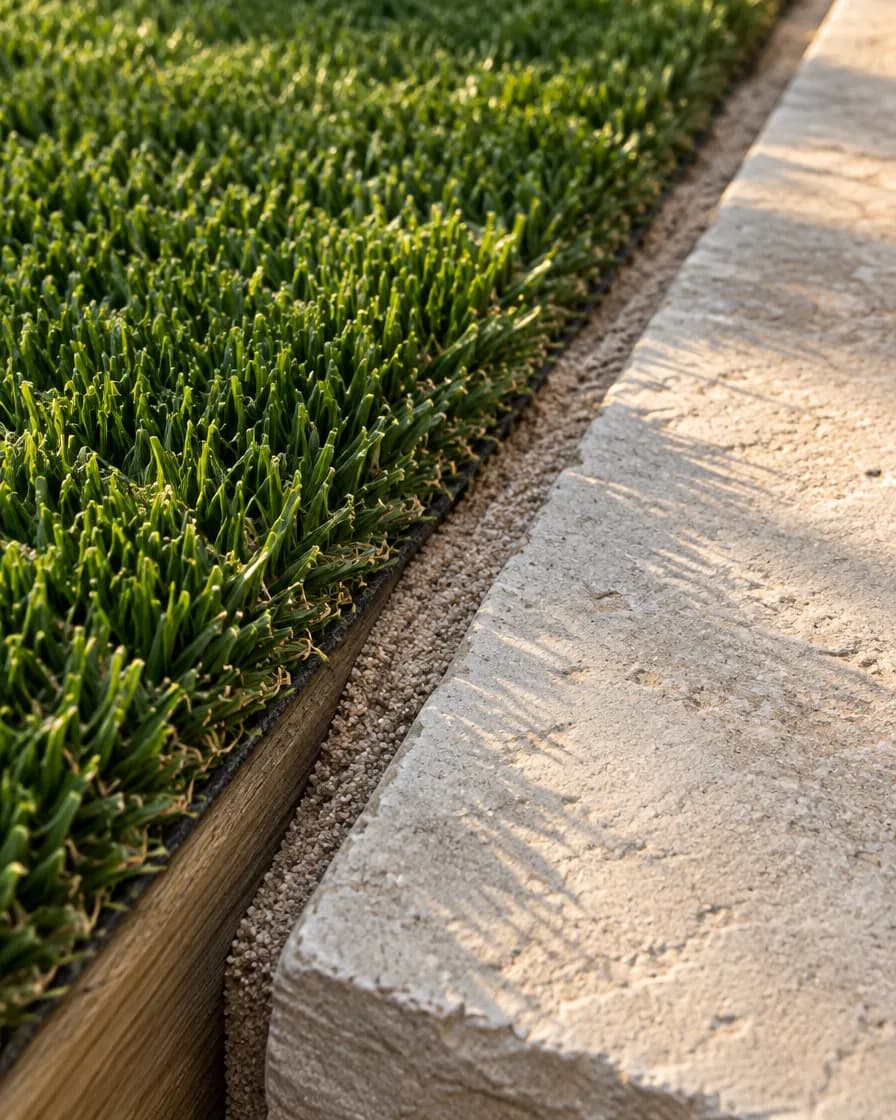 Illustration of the edge where artificial grass meets a stone paving slab, with sand infill brushed into the seam