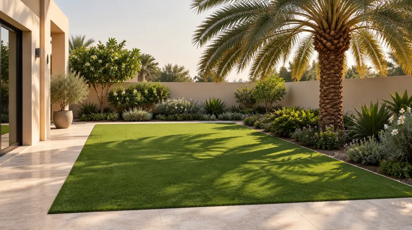 Illustration of a rectangle of artificial lawn set flush between stone paving and planted beds under a palm