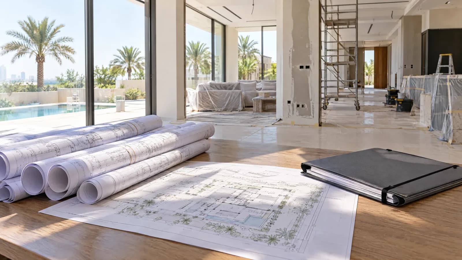 Illustration of architectural drawings on a table in a villa under renovation
