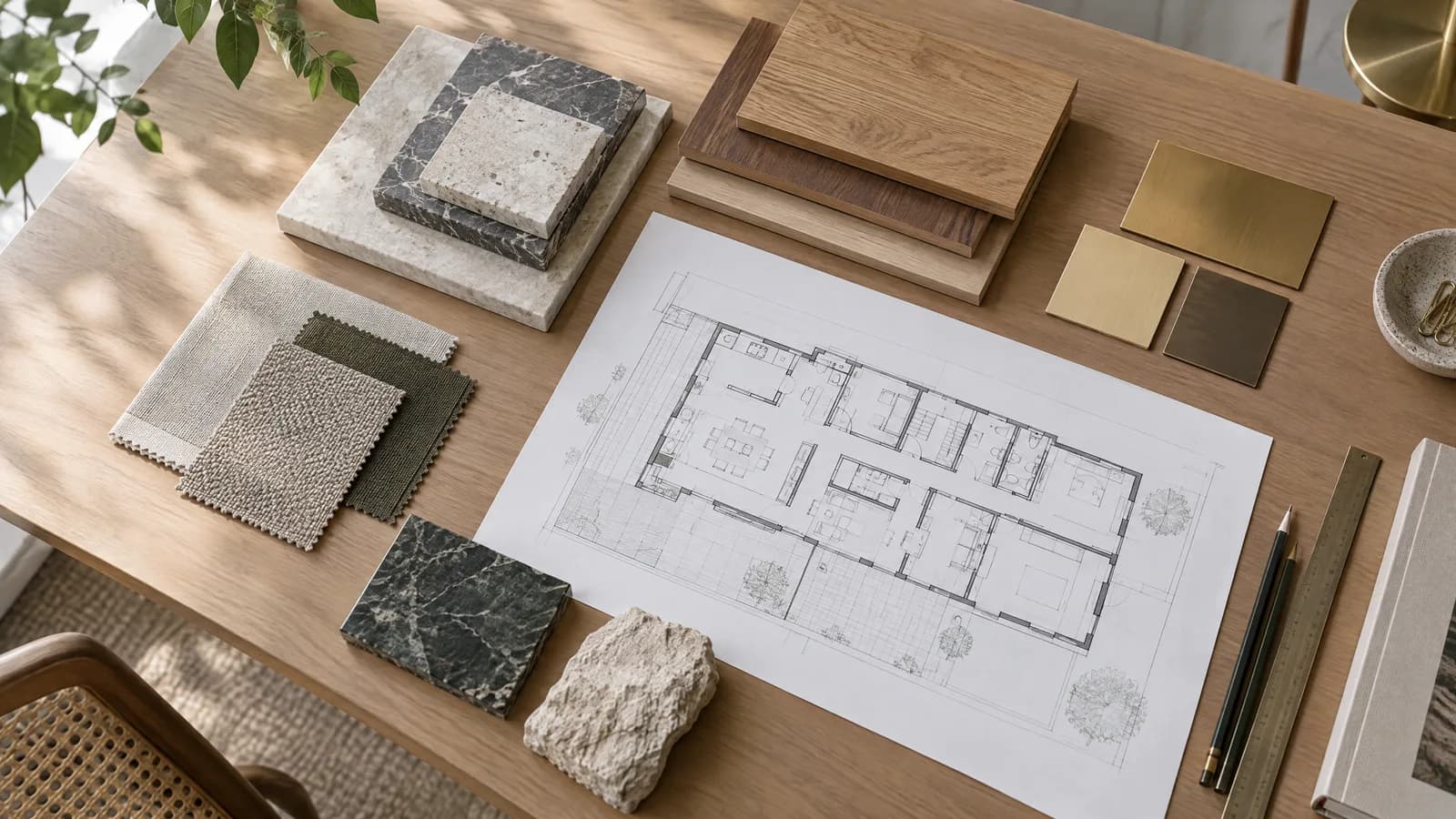 Illustration of renovation material samples beside a floor plan