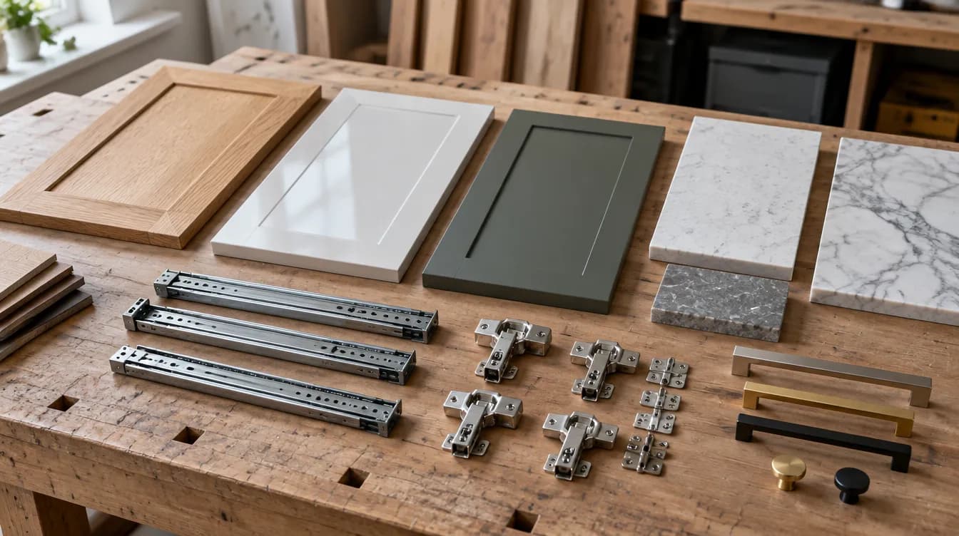Illustration of cabinet door samples, worktop offcuts and hinges on a workshop table