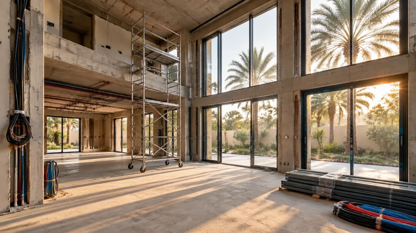 Illustration of a villa living area stripped to structure with a scaffold tower
