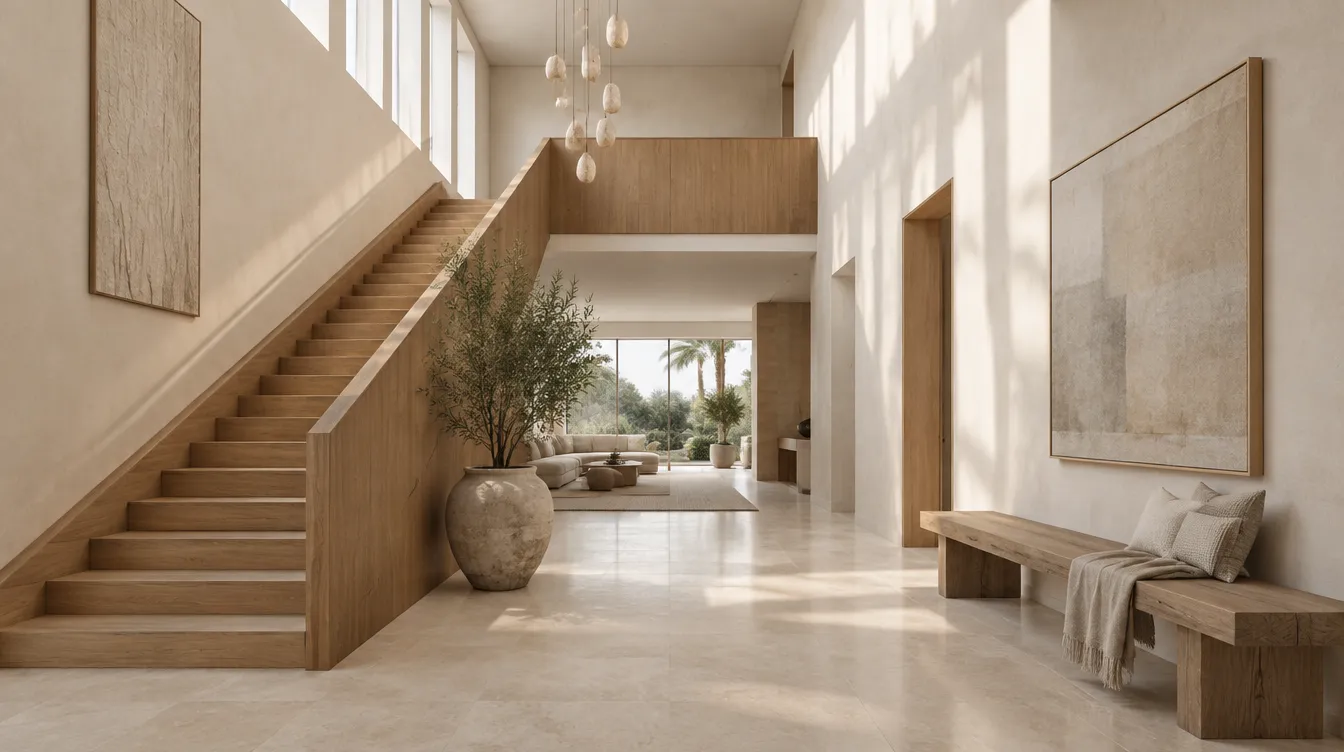 Illustration of a double-height family home hallway with an oak staircase