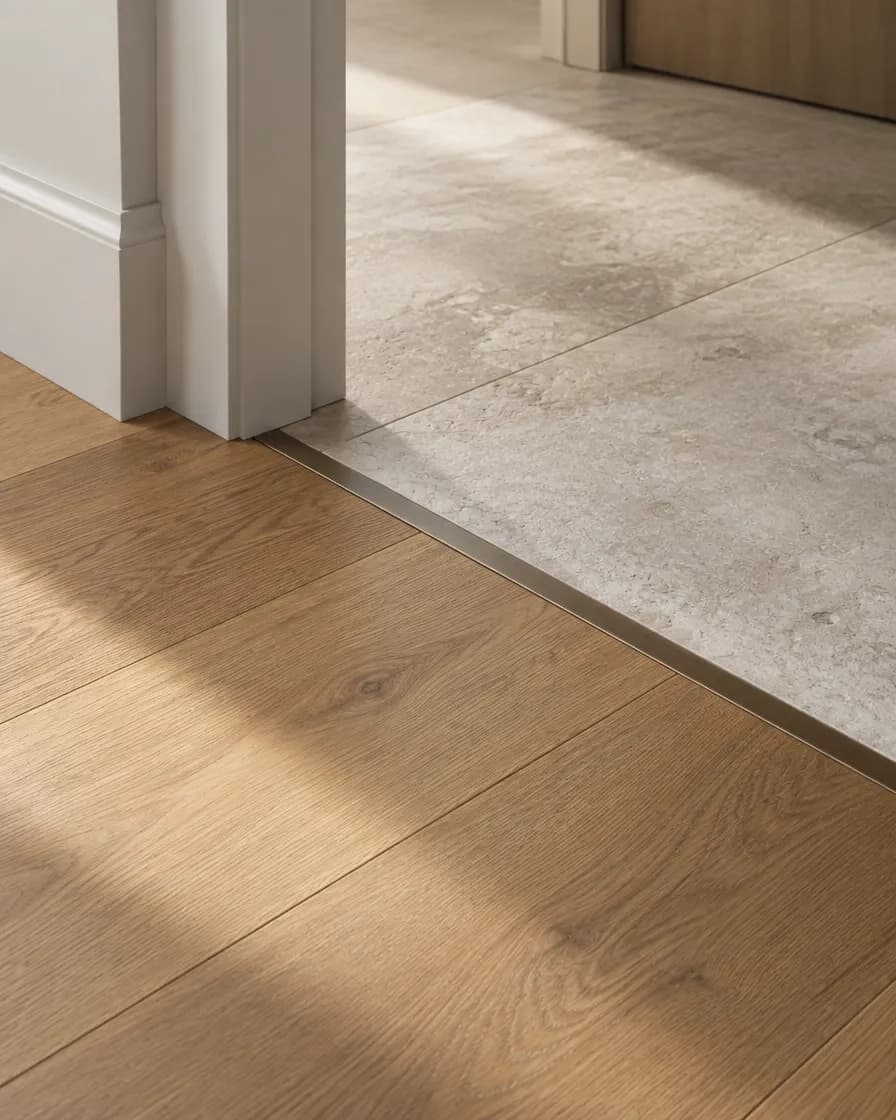 Illustration of oak flooring meeting a stone threshold with a slim trim