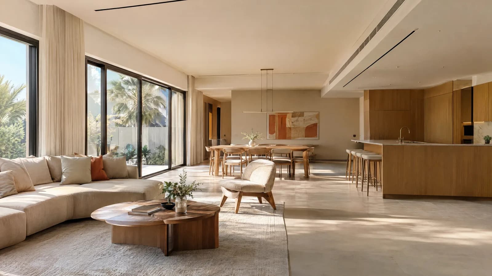 Illustration of an open-plan Dubai family home with oak joinery