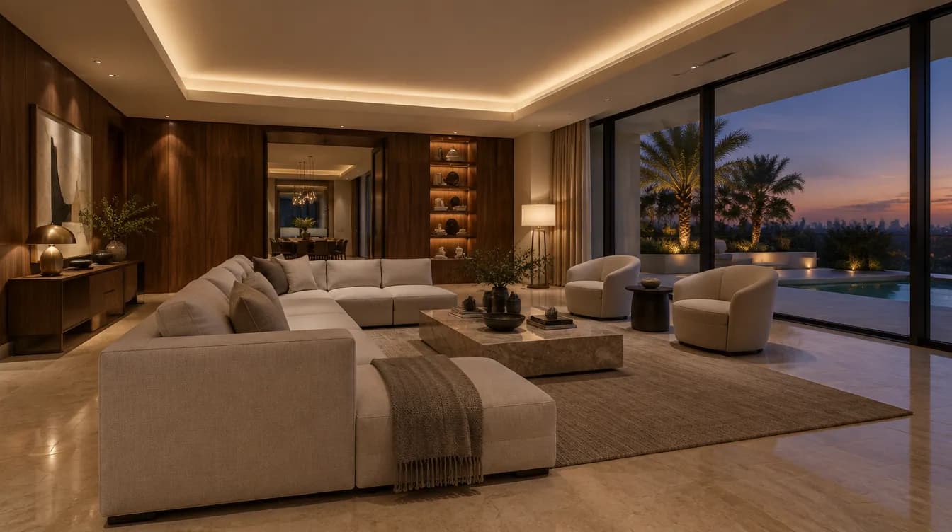 Illustration of a living room with a lit gypsum ceiling cove and walnut panelling