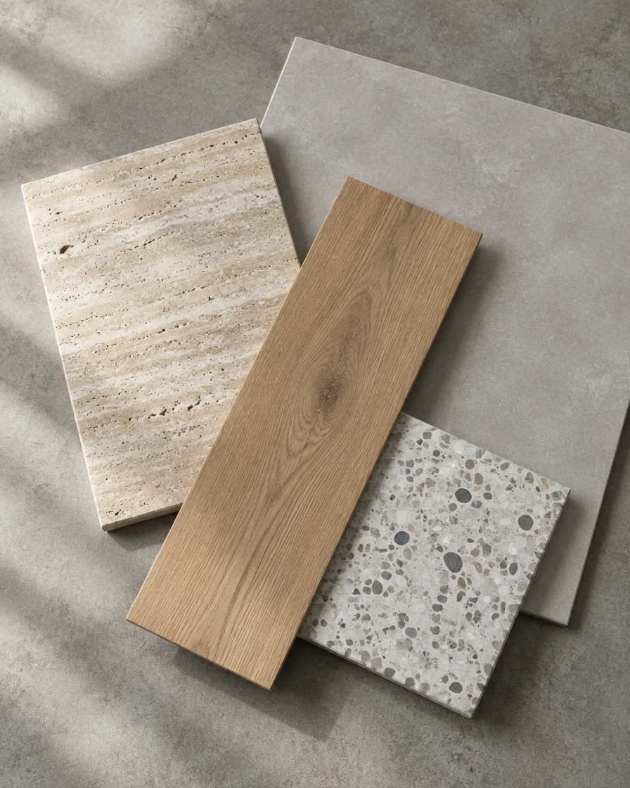 Illustration of travertine, oak and terrazzo flooring samples laid on concrete