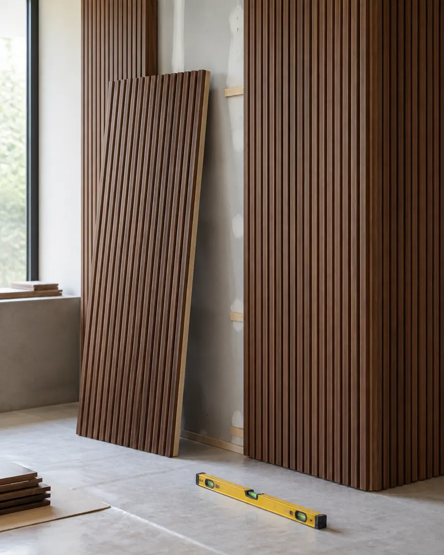 Illustration of fluted walnut wall panels being fitted