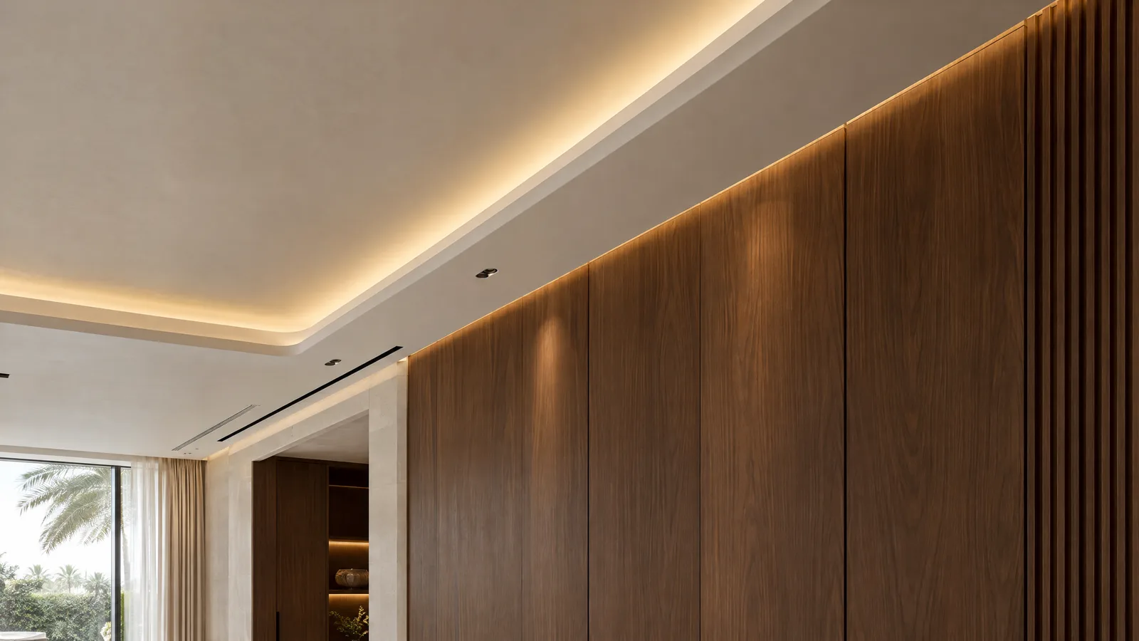 Illustration of a plaster ceiling cove and walnut wall panelling