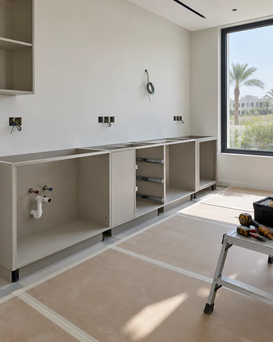 Illustration of new kitchen base cabinets fitted before the worktop goes on