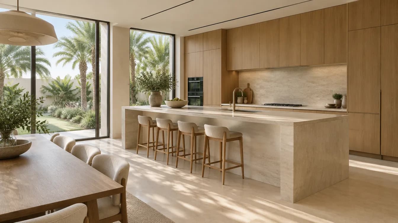 Illustration of a villa kitchen with a long stone island and oak cabinetry