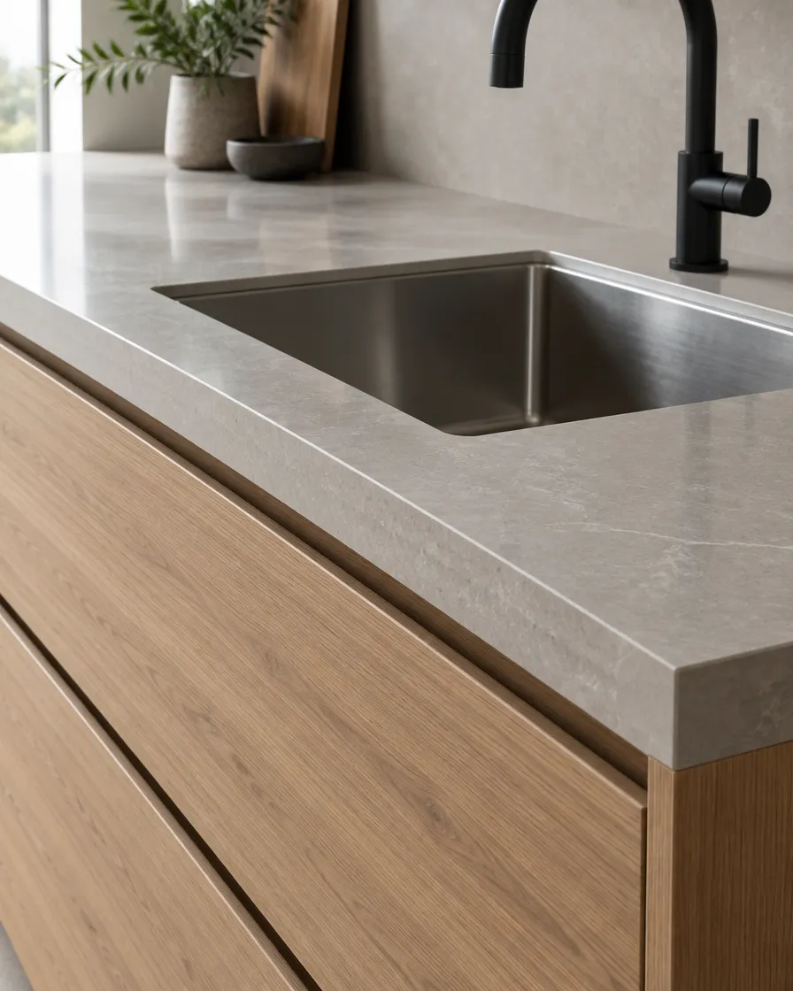 Illustration of a quartz worktop edge with an undermount sink and oak drawers