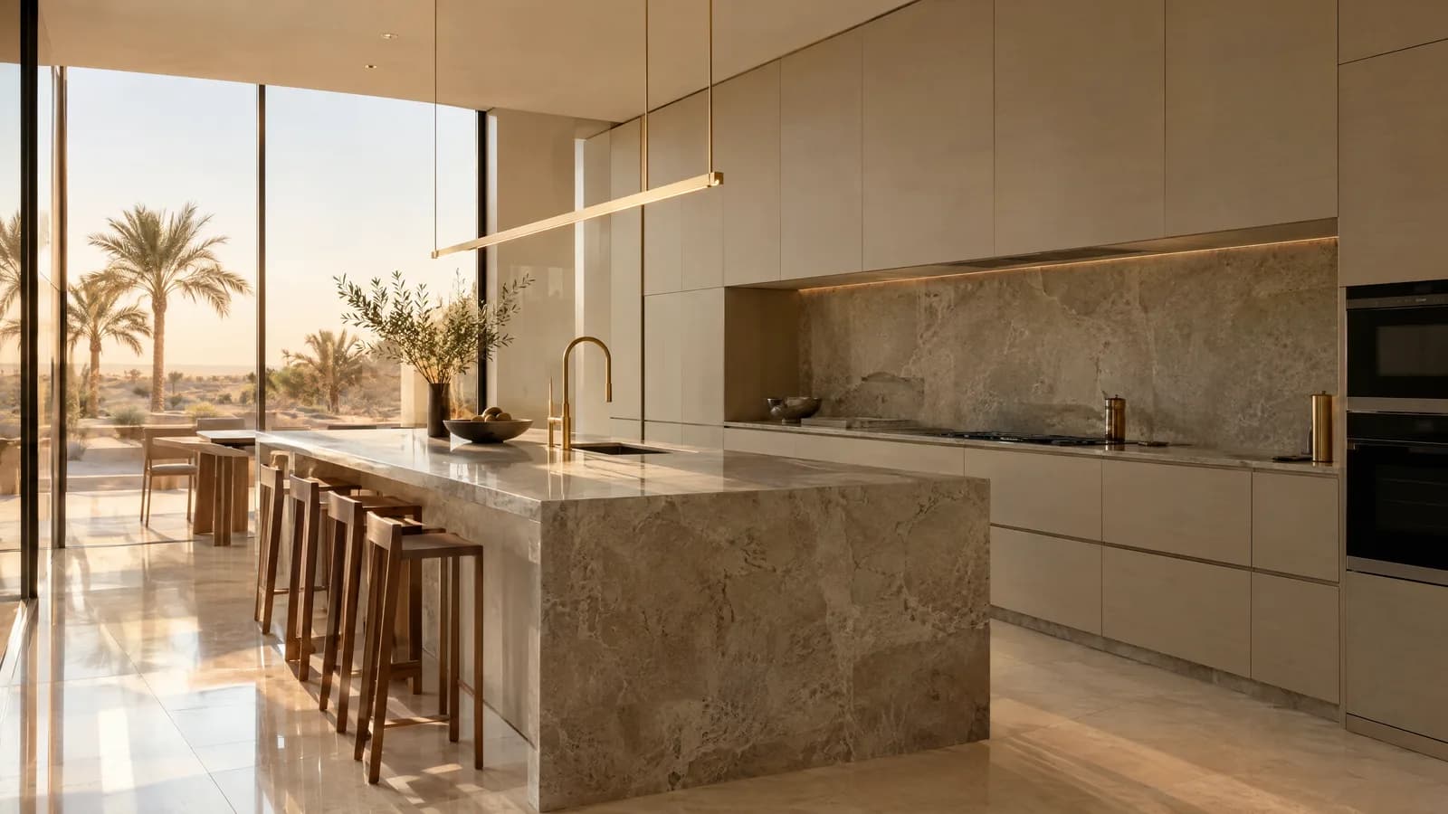 Illustration of a modern villa kitchen with a stone island and brass fittings