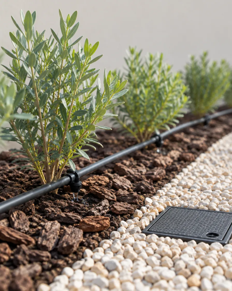 Illustration of a drip irrigation line running through a planted bed with a valve box set into gravel