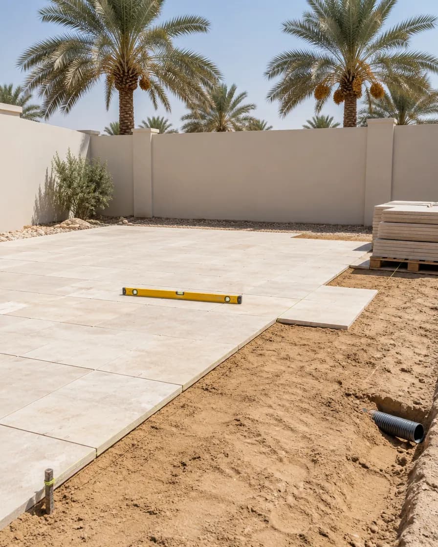 Illustration of limestone paving being laid on a compacted bed with a string line and a spirit level