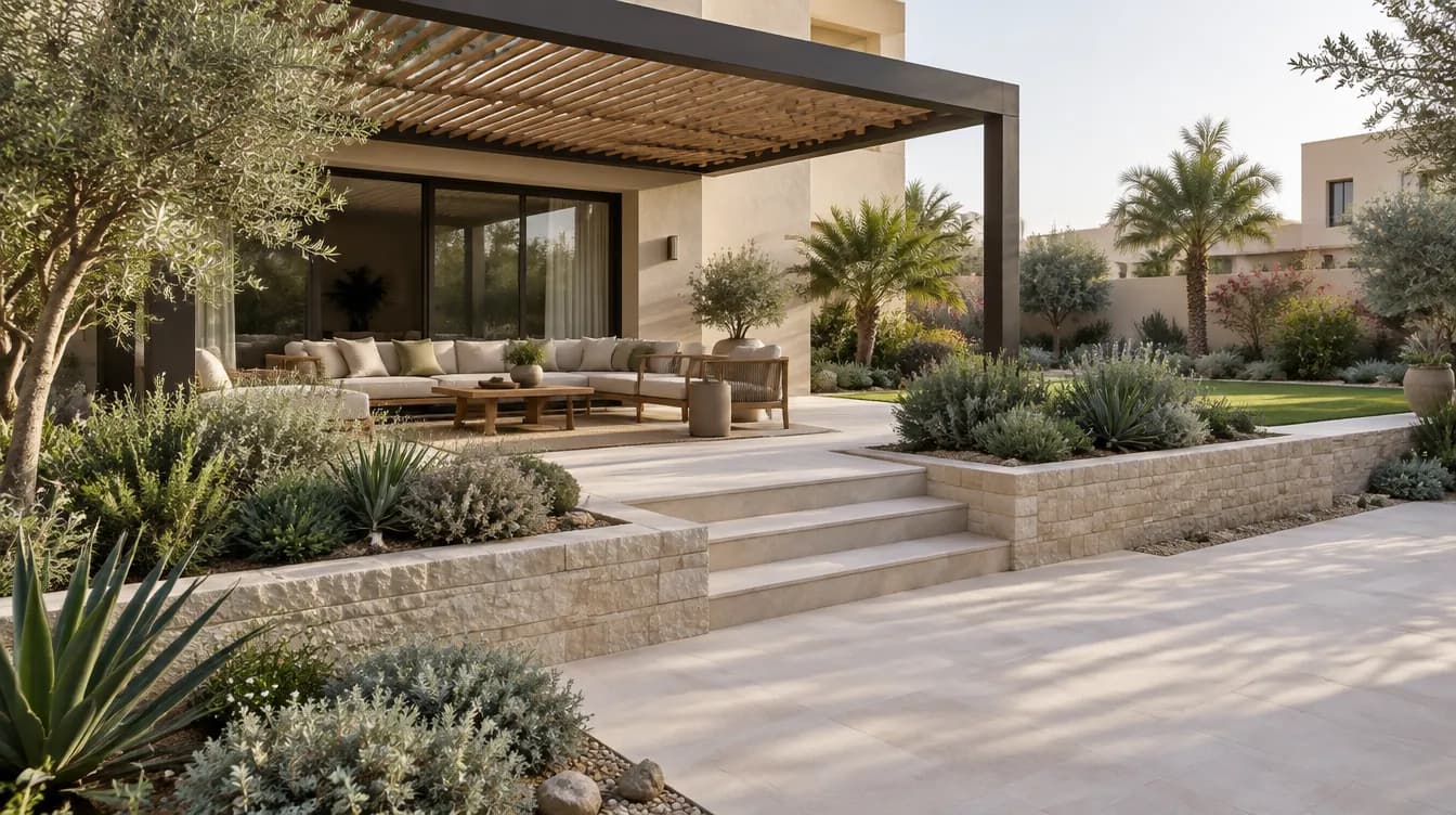 Illustration of a villa rear garden with a shaded terrace, drought-tolerant beds and a low stone retaining wall