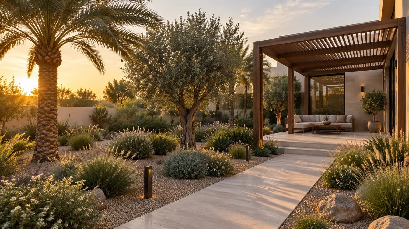 Illustration of a Dubai villa garden with desert-adapted planting, a stone path and a slatted pergola at golden hour