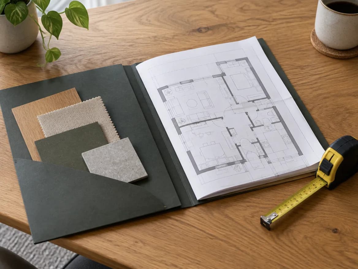 Illustration of a floor plan in an open folder with material swatches