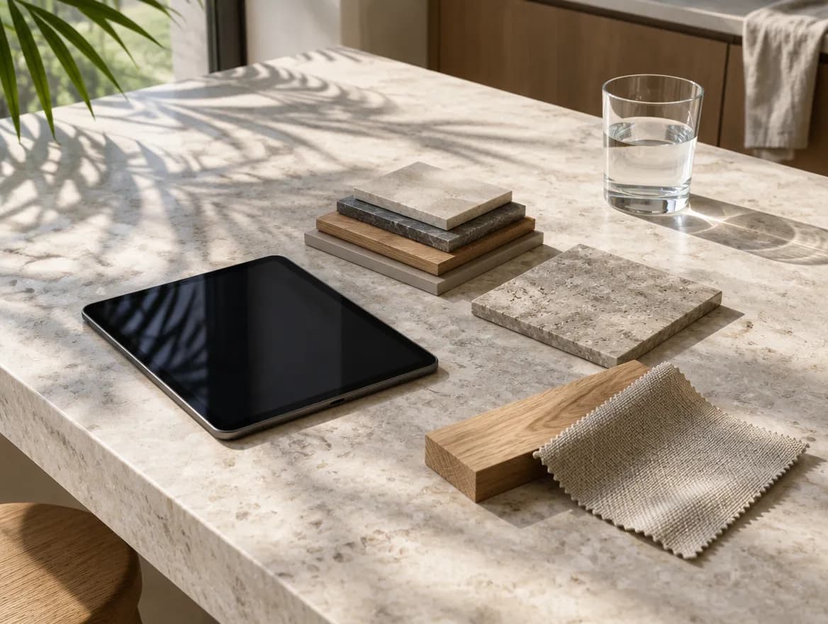Illustration of a tablet and material samples on a stone kitchen island