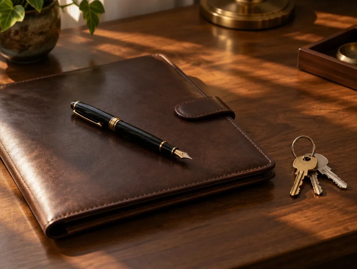 Illustration of a fountain pen on a closed leather document folder