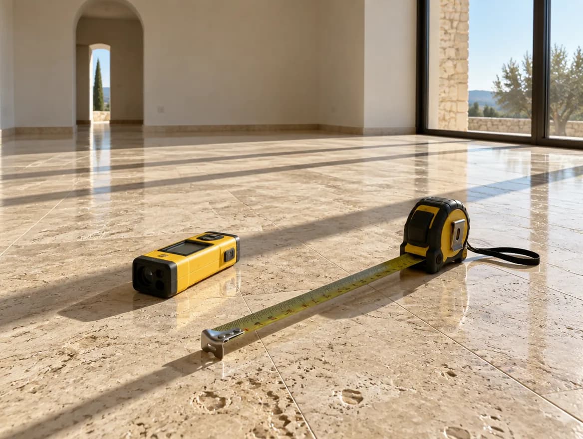 Illustration of a laser measure and tape measure on a travertine floor