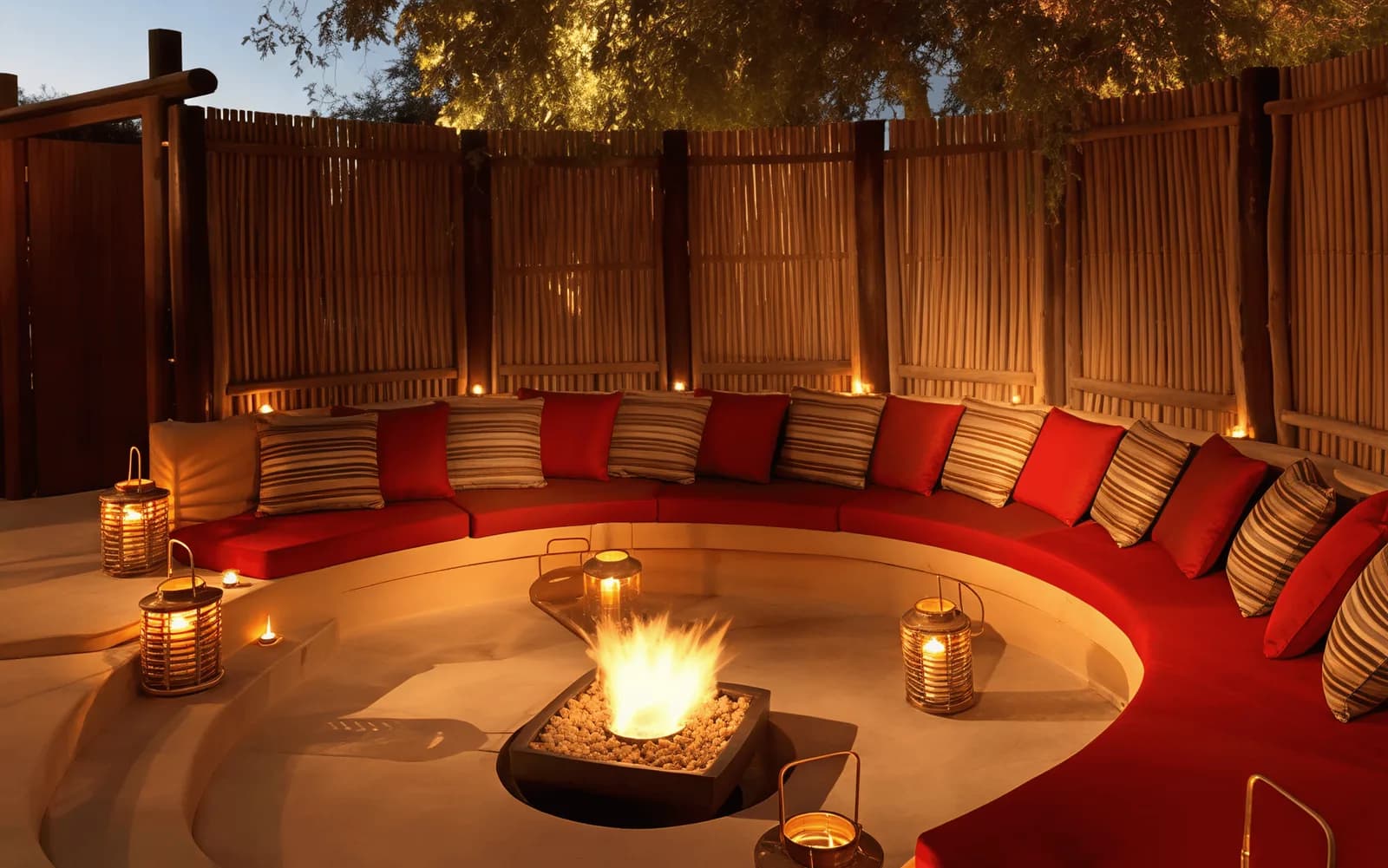 Sunken circular seating area in polished plaster around a lit fire pit, enclosed by a screened timber fence, with lanterns and cushions at dusk.