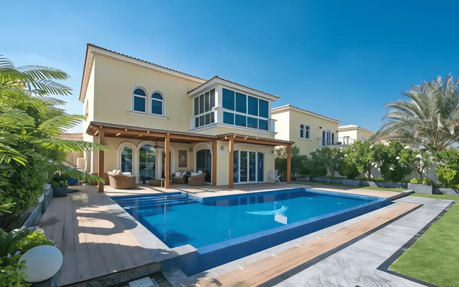 Family villa in Jumeirah Park with a timber-framed shaded terrace, a tiled swimming pool, a timber deck and mature planting.